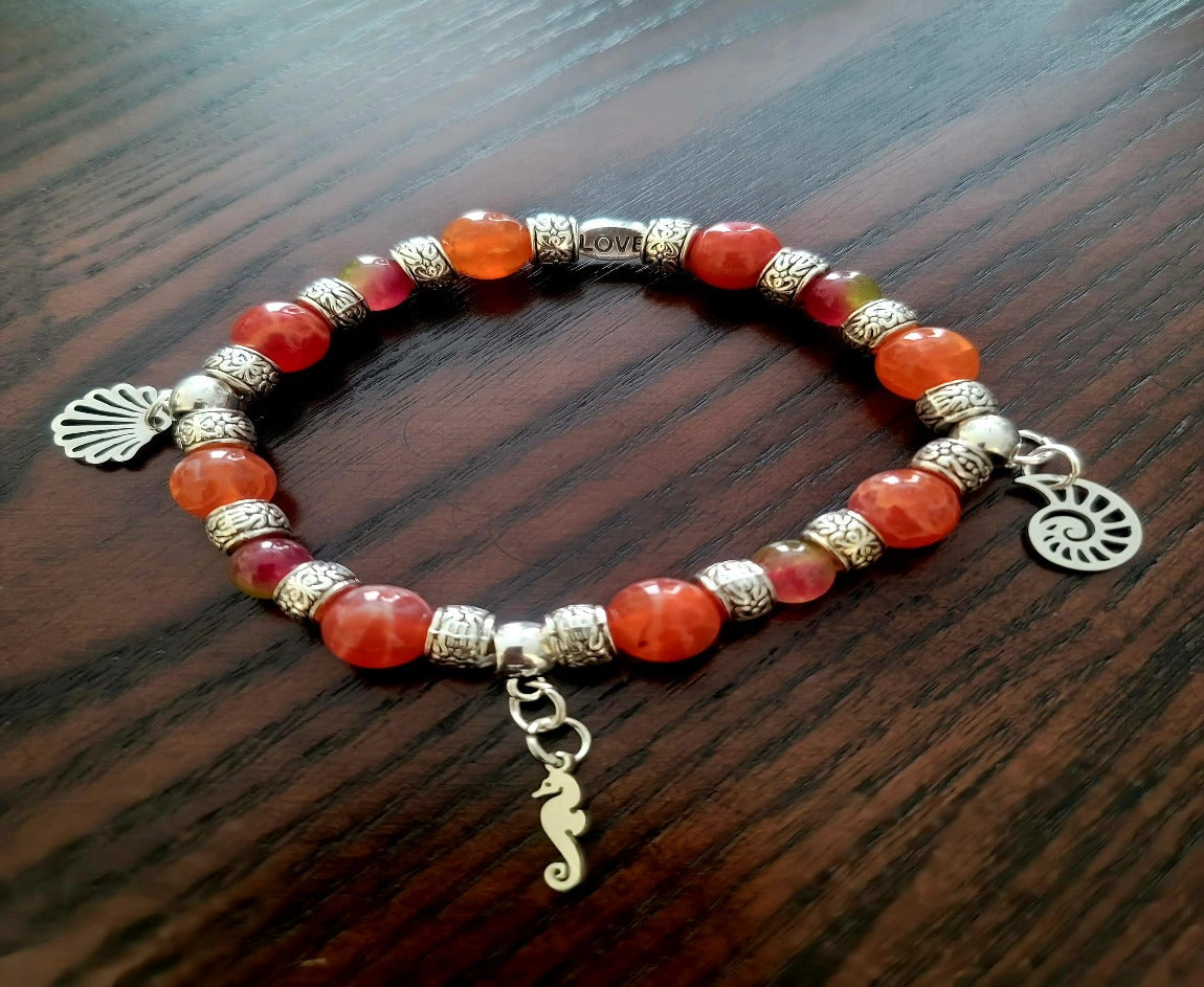 Red Dragon Vein Agate & Watermelon Malaysian Chalcedony Bracelet