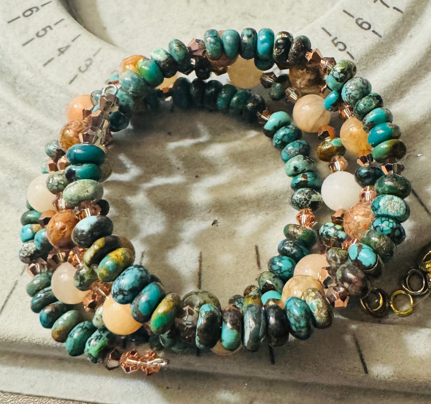Arizona Turquoise, Peach Aventurine & Flower Ocean Jasper Wrap Around Bracelet