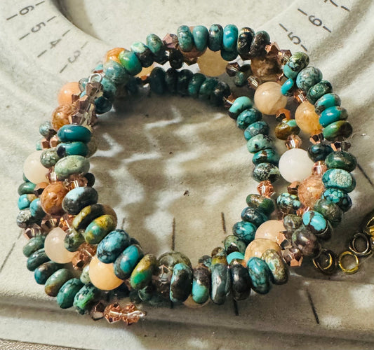 Arizona Turquoise, Peach Aventurine & Flower Ocean Jasper Wrap Around Bracelet