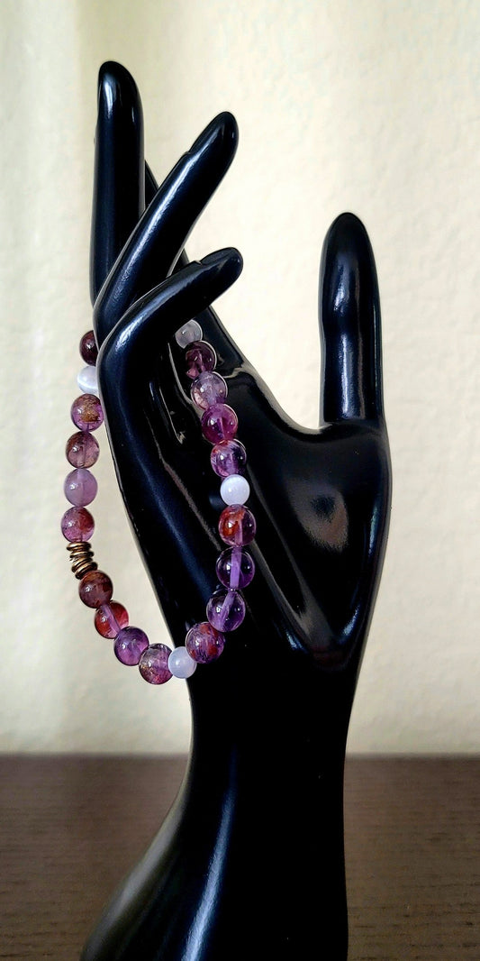 Cacoxenite Amethyst aka. Super 7 & White Jade Bracelet