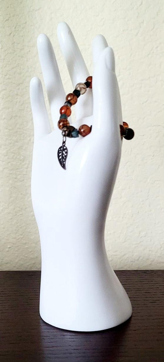 Coffee Dragon Vein & Botanical Moss Agate Leaf Bracelet