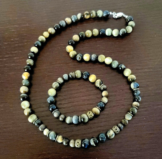 Yellow & Blue Tiger Eye & Iron Matrix Tourmaline Necklace & Bracelet Set