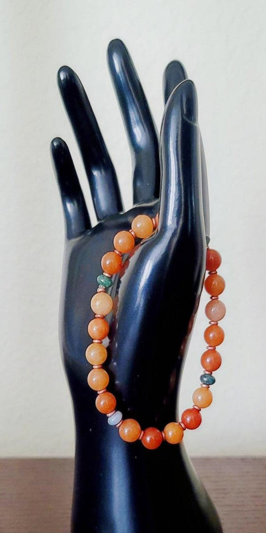 Orange Aventurine & Botanical Green Moss Agate Rondels Bracelet