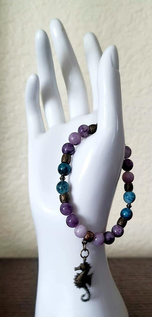 Violet Purple Lepidolite & Blue Apatite Bracelet